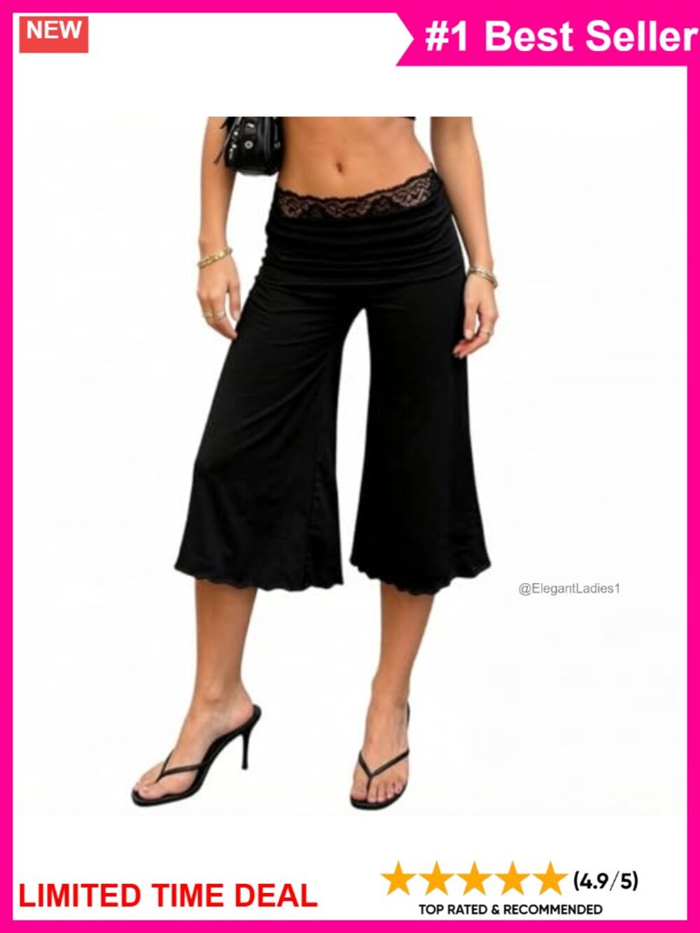 Lace Waist Flared Ruffle Hem Gaucho Capri Wide Leg Cropped Pants